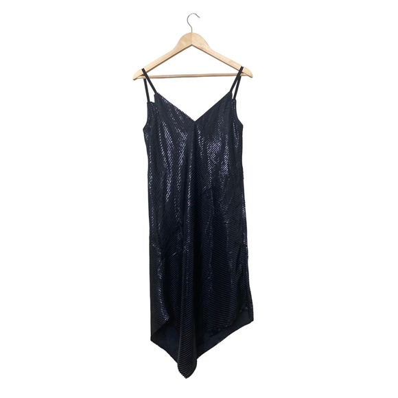 Trina Turk Dresses & Skirts - Trina‎ Turk Geometric Dress Navy Blue Asymmetrical Hem Metallic Stripe